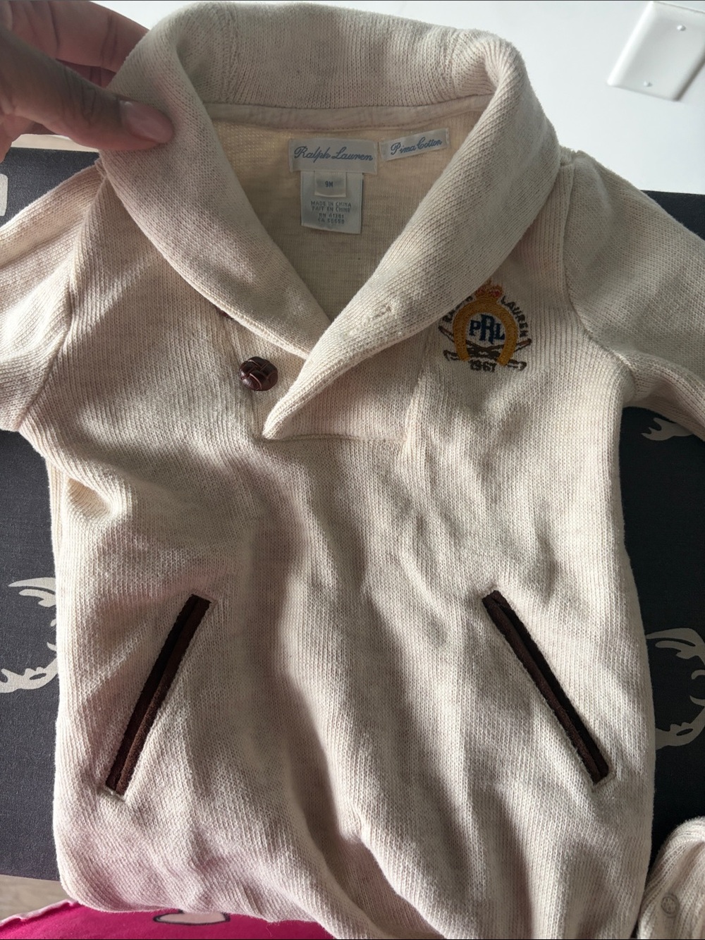 Ralph Lauren Cream Shawl-Collar Cotton Knit Pullover with Crest
